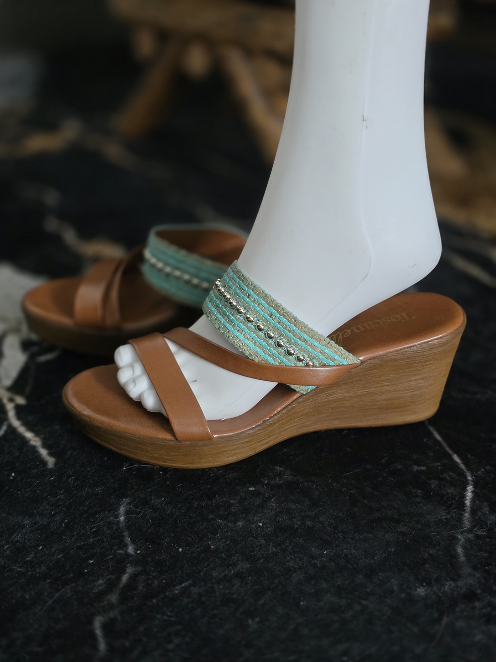 Wedge Sandals with Turquoise Embroidered Strap Made In Italy.